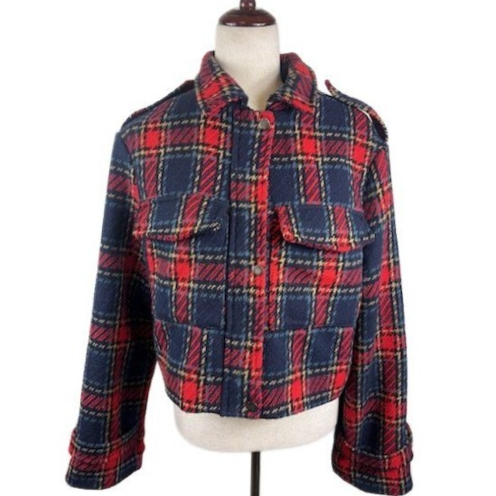 Me Jane Women's Size XL Red Blue Yellow Plaid Cropped Button Front Jacket